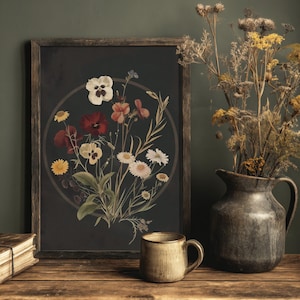 Dunkle botanische Blumen | Dark Academia Decor, Vintage Blumenästhetik, Dunkler Cottagecore Druck, Moody Spring Wandkunst, Gothic viktorianische Kunst
