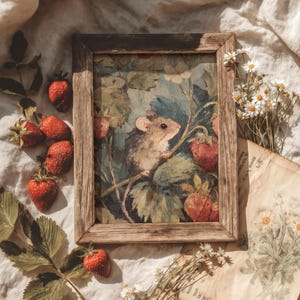 Könnte beinhalten: Gerahmtes Vintage-Gemälde einer Maus zwischen Erdbeeren. Das Kunstwerk zeigt eine braune Maus auf einem Ast mit roten Erdbeeren und grünen Blättern. Der Rahmen ist aus hellbraunem Holz. Frische Erdbeeren und Gänseblümchen sind um den Rahmen angeordnet.