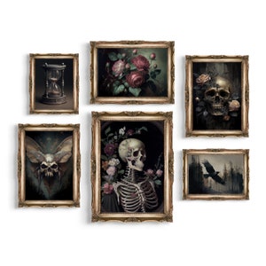 Set of 6 Gothic Prints | Vintage Goth Gallery Wall Set, Gothic Home Decor, Floral Macabre Art, Antique Oil Painting Printables, Skull Print