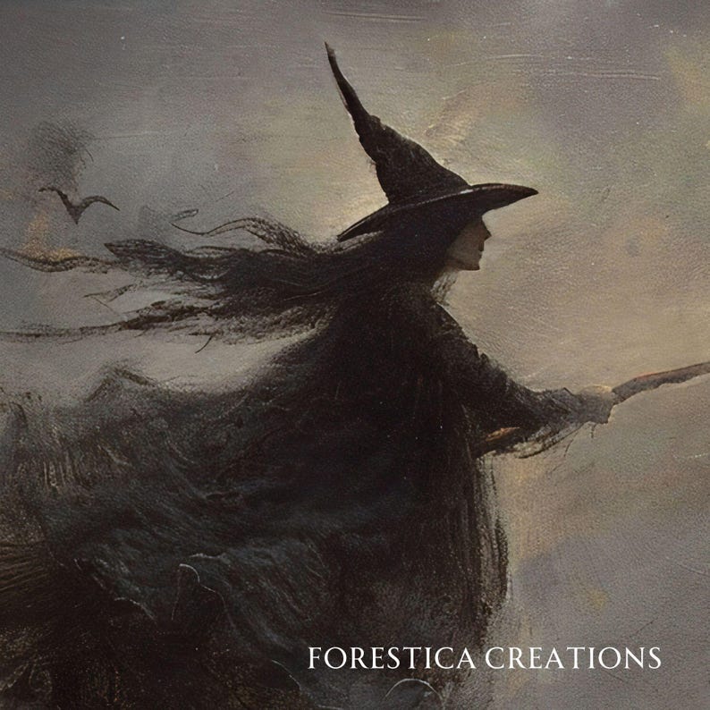 May include: A silhouette of a witch flying on a broomstick against a cloudy sky. Her long black hair and hat are blowing in the wind. The text "FORESTICA CREATIONS" is visible in the bottom right corner.