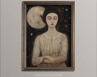 Maanvrouw | Dark Academia-afdrukken, hemelse esthetiek, Witchy Room Decor, humeurige muurkunst, donkere vintage gotische kunst, antieke nachtschildering