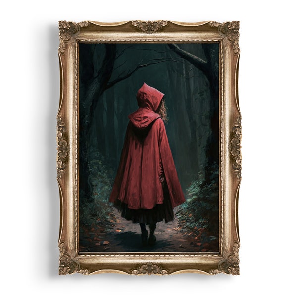 Little Red Riding Hood | Vintage Fairytale Painting, Antique Oil Painting Print, Witchy Room Decor, Dark Cottagecore Art Wall Printable