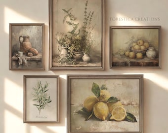 Juego de 5 láminas rústicas para cocina/decoración de granja, galería de pared primaveral, pinturas al óleo con un toque melancólico, estética frutal vintage, arte cottagecore