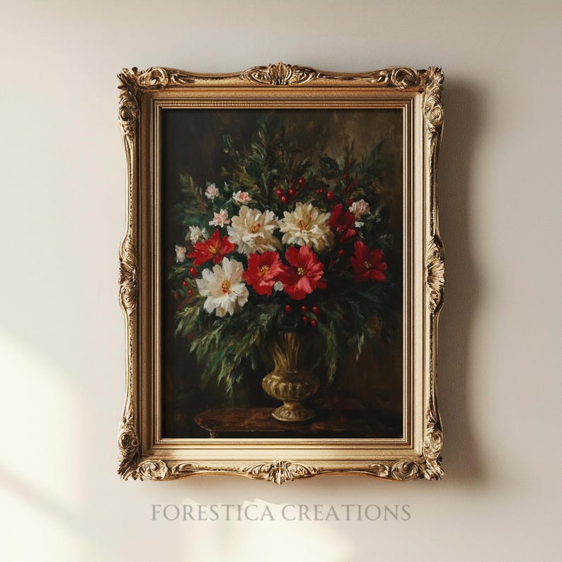 Gothic floral artwork blending bold colors and a classic still life style, perfect for botanical or rustic-themed decor.