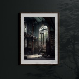 May include: A framed print of a dark, vintage library interior with a grand staircase leading up to a large window. The window is framed by a dark wooden archway and lets in natural light. The room is filled with bookshelves and a chandelier hangs from the ceiling.