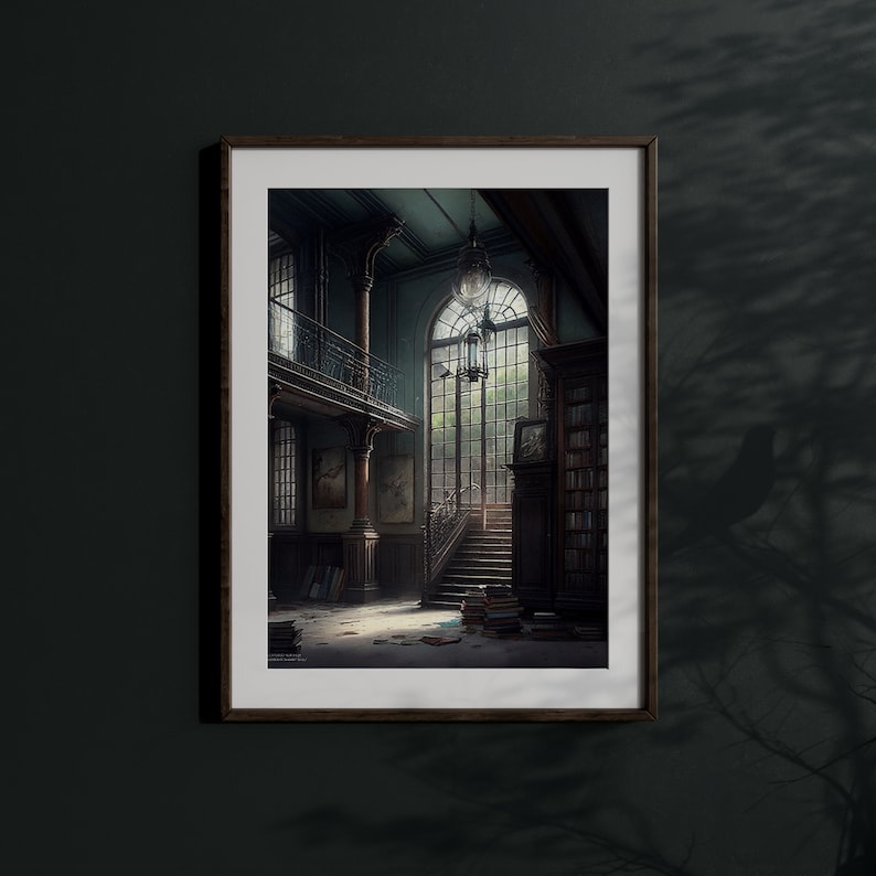 May include: A framed print of a dark, vintage library interior with a grand staircase leading up to a large window. The window is framed by a dark wooden archway and lets in natural light. The room is filled with bookshelves and a chandelier hangs from the ceiling.