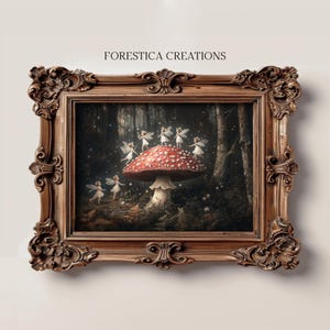 Cottagecore wall art print depicting fairies dancing in a mysterious forest, centered around a vibrant red mushroom, adding charm to any space.