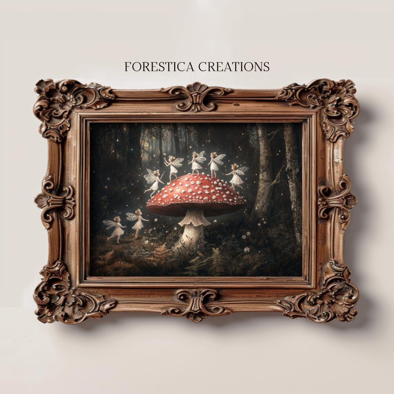 Cottagecore wall art print depicting fairies dancing in a mysterious forest, centered around a vibrant red mushroom, adding charm to any space.