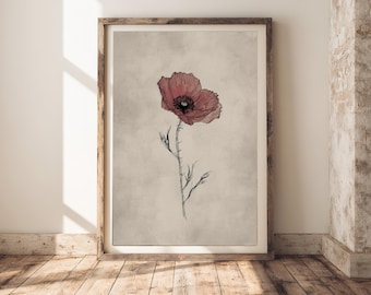 Poppy Flower Print | Minimalist Cottagecore Pencil Sketch (Digital Download)