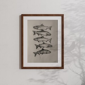 vintage fish print with detailed salmon illustrations in a coastal aesthetic style.