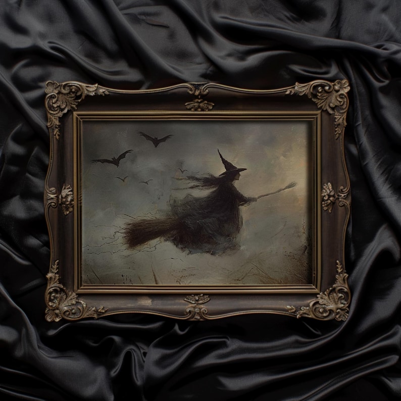 Flying witch print set against a brooding sky, ideal for dark moody decor and enhancing the Whimsigoth aesthetic.