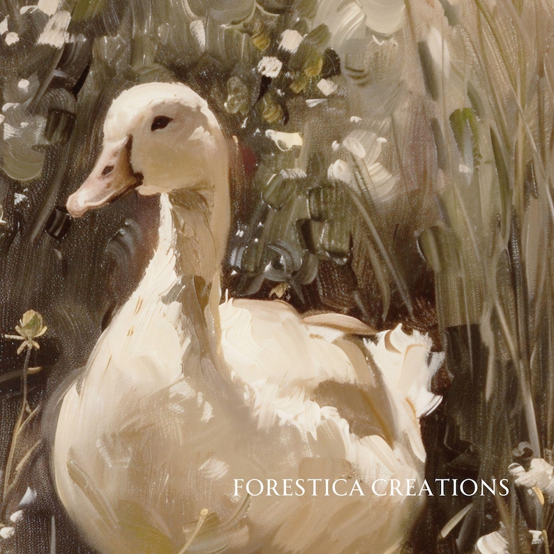 May include: A white goose with a long neck and a small beak is standing in a field of green grass and white flowers. The goose is looking to the left of the image. The background is blurred and out of focus.