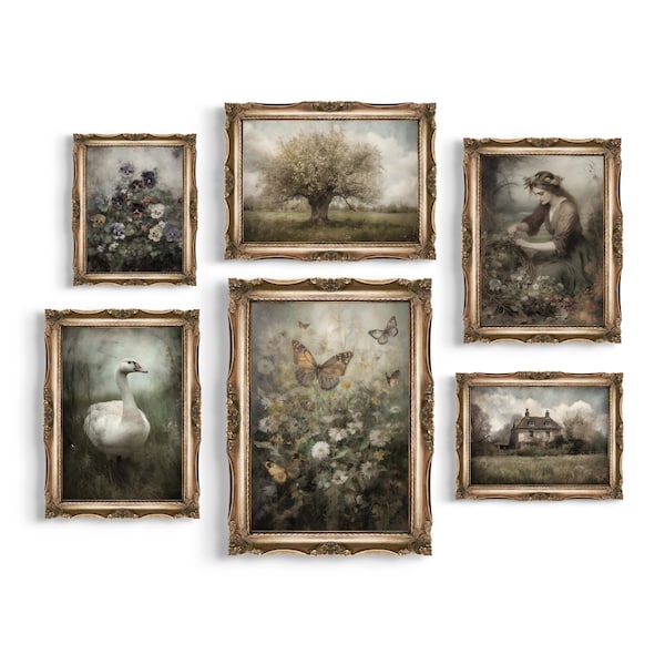 Lot de 6 impressions Cottagecore vintage | Ensemble mural de galerie de ferme, décoration florale, peinture à l'huile ancienne à imprimer, art mural animalier vintage