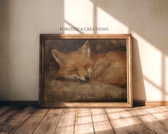 Zorro durmiendo / Estampado Cottagecore, Arte de naturaleza melancólica, Decoración Dark Academia, Estética vintage, Decoración de animales del bosque, Arte de pared rústico de granja
