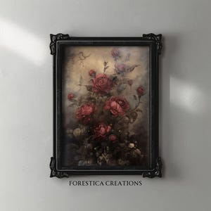 Vintage Roses | Cottagecore Aesthetic, Antique Oil Painting Print, Botanical Decor, Floral Wall Art, Dark Academia Printable, Whimsigoth Art