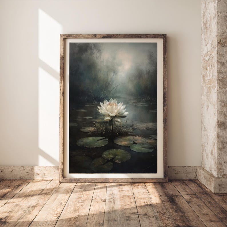 Nature wall art of a water lily, conveying the tranquil yet mysterious vibe of dark academia in a botanical setting.