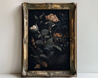 Bouquet of Dark Flowers | Dark Academia Decor, Vintage Aesthetic, Dark Cottagecore Print, Antique Painting, Botanical Decor, Floral Wall Art