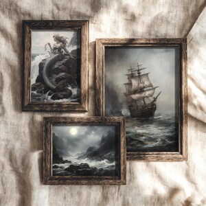 Set di 3 stampe "Acque Mistiche" / Arte murale Dark Academia, decorazioni marine suggestive, set da parete in stile galleria vintage, decorazioni per la stanza a tema oceano, estetica nautica