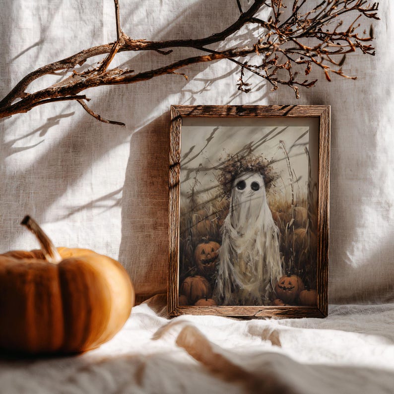 Woodland ghost in a rustic setting, with detailed brushstrokes and muted colors, ideal for autumn home decoration.