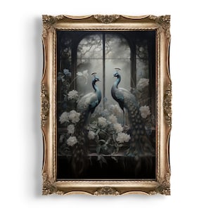 Antique Oil Painting: Behold an antique masterpiece, featuring two Victorian peacocks, a dark academia print in moody Victorian decor.