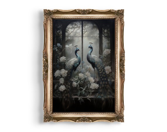 Love of Peacocks | Dark Victorian Decor, Goth Cottagecore Wall Art, Dark Academia Room Decor, Antique Oil Painting Aesthetic, Vintage Prints