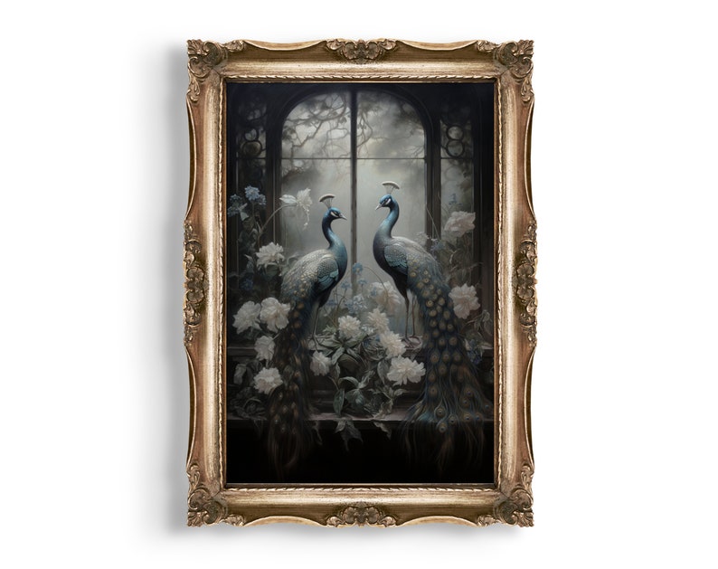 Antique Oil Painting: Behold an antique masterpiece, featuring two Victorian peacocks, a dark academia print in moody Victorian decor.