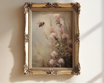 Bee | Cottagecore Prints, Floral Decor, Botanical Aesthetic, Moody Painting Print, Fairytale Home Decor, Nature Wall Art, Fairycore Wall Art