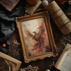 Arte de pared de Phoenix / Dark Academia, impresión vintage de Moody, impresiones de mitología, decoración de Whitchy, arte de pared rojo fuego, estética de pintura antigua