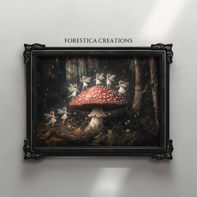 A moody fantasy art print featuring fairies dancing around a large red mushroom in a dark forest, perfect for dark academia or woodland-inspired decor.