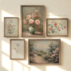 Eclectic gallery art print set with lush floral scenes in oil painting style, ideal for a vibrant spring decor refresh or light academia touch.
