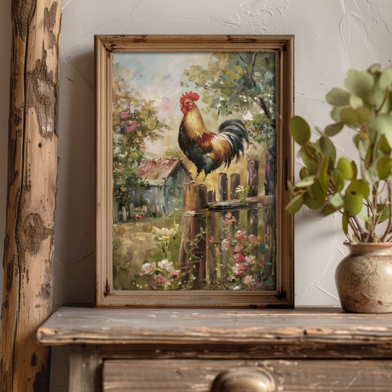 Rooster | Farmhouse Decor, Cottagecore Print, Farm Animal Wall Art, Easter Prints, Rustic Home Decor, Chicken Painting, Countryside Art