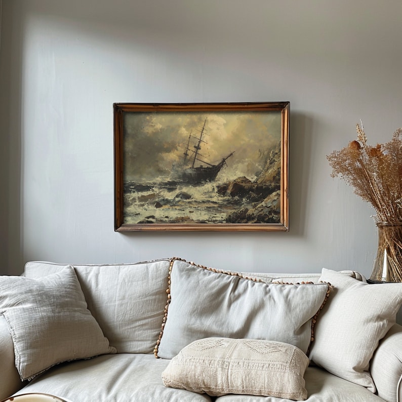 Vintage fine art shipwreck painting in oil, showing a sailing ship amidst tumultuous ocean waves, perfect for study room decor.