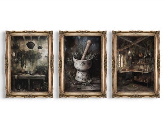 Set of 3 Kitchen Witch Prints | Dark Cottagecore Decor, Moody Wall Art, Green Witch Gallery Set, Goblincore Still Life Art, Nature Aesthetic