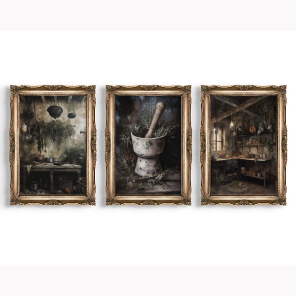 Set of 3 Kitchen Witch Prints | Dark Cottagecore Decor, Moody Wall Art, Green Witch Gallery Set, Goblincore Still Life Art, Nature Aesthetic