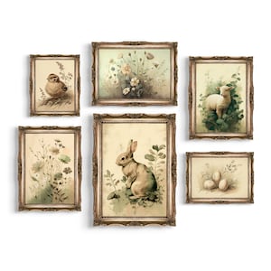 Set of 6 Vintage Easter Prints | Spring Gallery Wall Set, Cottagecore Easter Wall Art, Easter Decor, Floral Painting, Boho Animal Wall Art