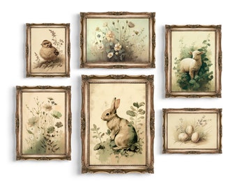 Set of 6 Vintage Easter Prints | Spring Gallery Wall Set, Cottagecore Easter Wall Art, Easter Decor, Floral Painting, Boho Animal Wall Art