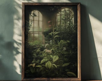 Greenhouse Interior Painting: Dark Cottagecore Botanical Print (Digital Download)
