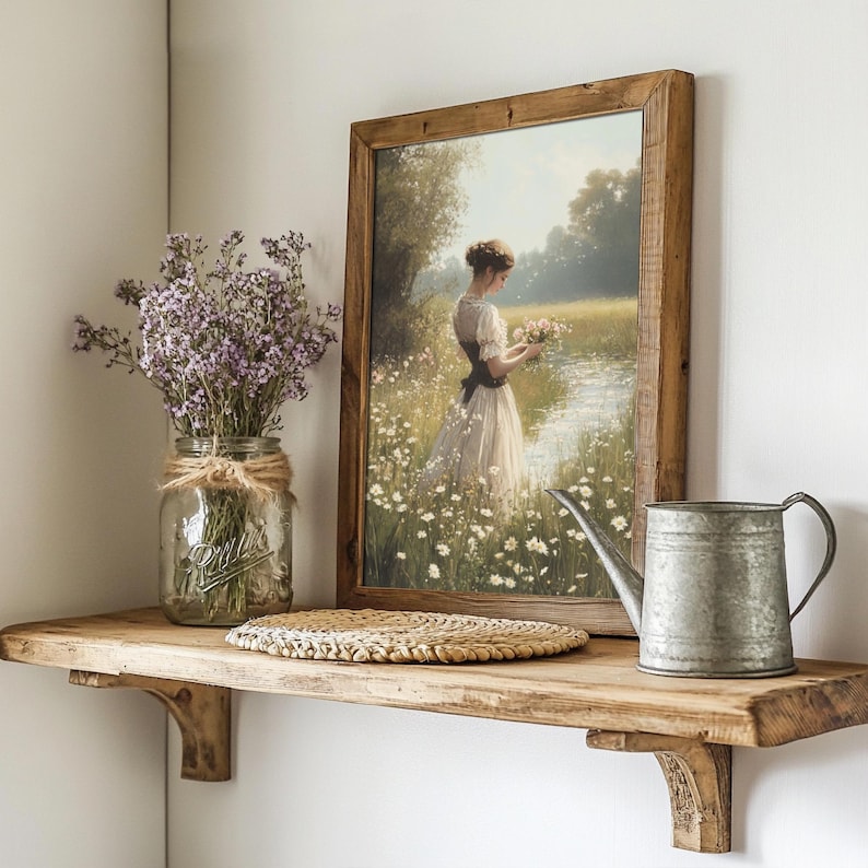 May include: A wooden shelf with a framed painting of a woman in a white dress standing in a field of flowers. A mason jar filled with purple flowers, a woven placemat, and a metal watering can are also on the shelf.
