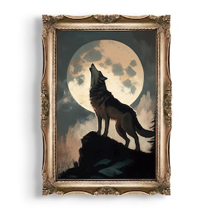 Howling Wolf | Moody Painting Print, Dark Academia Decor, Witchy Aesthetic, Celestial Wall Decor, Dark Cottagecore, Vintage Animal Wall Art,