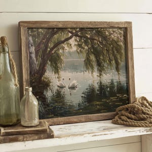 Swan Lake | Light Academia Prints, Cottage House Decor, Moody Painting Print, Vintage Aesthetic, Cottagecore Wall Art, Nature Artwork