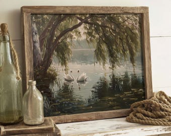 Swan Lake | Light Academia Prints, Cottage House Decor, Moody Painting Print, Vintage Aesthetic, Cottagecore Wall Art, Nature Artwork