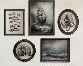 Set of 5 Ocean Prints | Dark Academia Decor, Vintage Nautical Gallery Wall Set, Moody Oil Paintings, Gothic Home Decor, Victorian Art Prints