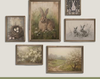 Set of 6 Easter Prints | Spring Gallery Wall Set, Cottagecore Bunny Wall Art, Rustic Farmhouse Decor, Vintage Floral & Rabbit Art Prints