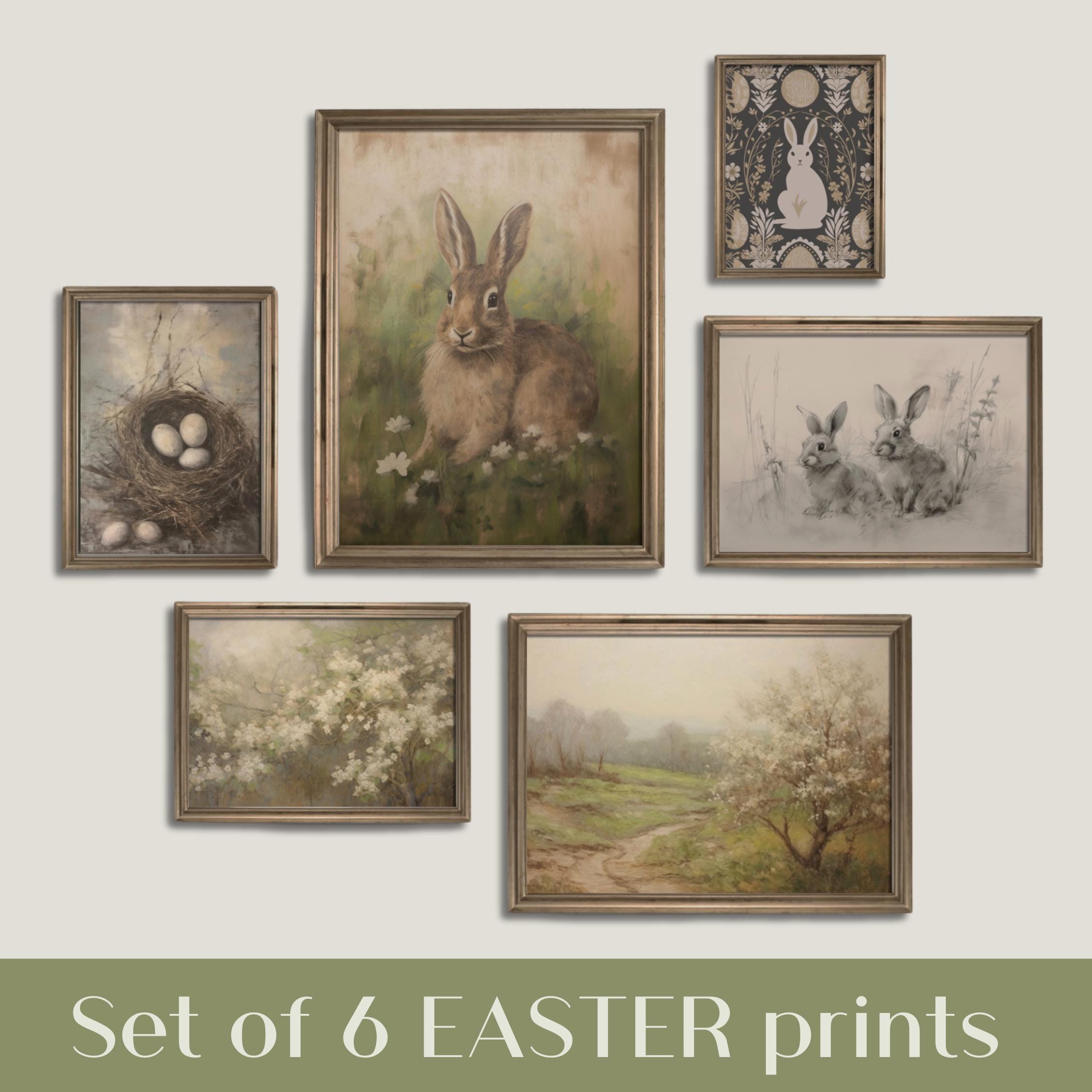 Set of 6 Easter Prints | Spring Gallery Wall Set, Cottagecore Bunny ...