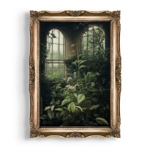 Serra interna / Decorazione da parete Cottagecore scuro, pittura estetica verde scuro, stampa floreale vintage, decorazione botanica per la stanza delle streghe
