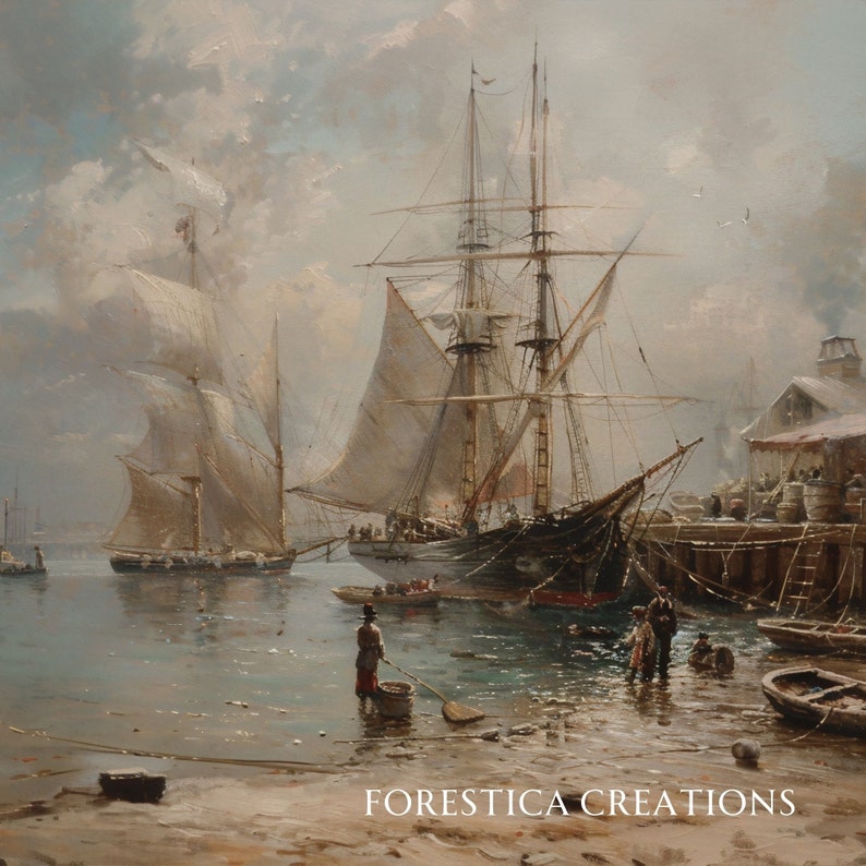 Puede incluir: Una pintura de dos barcos atracados en un muelle. Los barcos son ambos barcos de vela con velas blancas y cascos marrones. El cielo est&aacute; nublado y el agua est&aacute; tranquila. La pintura est&aacute; firmada "FORESTICA CREATIONS".