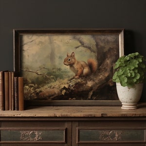 Traditional squirrel painting in a vintage frame, infusing woodland charm into nursery animal print collections or moody interiors.