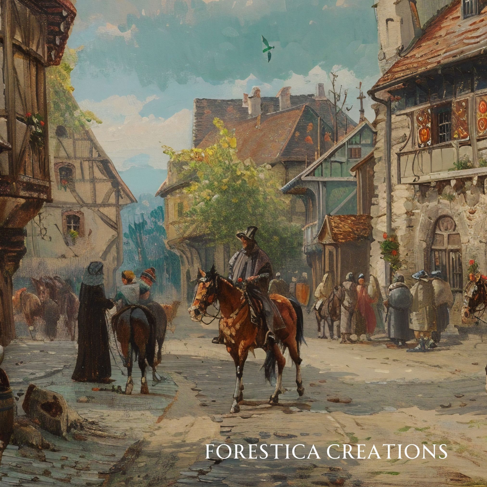 中世の街並み | アンティーク絵画の美学、ファンタジーダンジョンズ