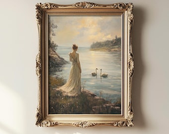 The Lady of the Swans | Cottagecore Print, Moody Victorian Wall Art, Vintage Aesthetic Painting, Light Academia Decor, Romantic Home Decor
