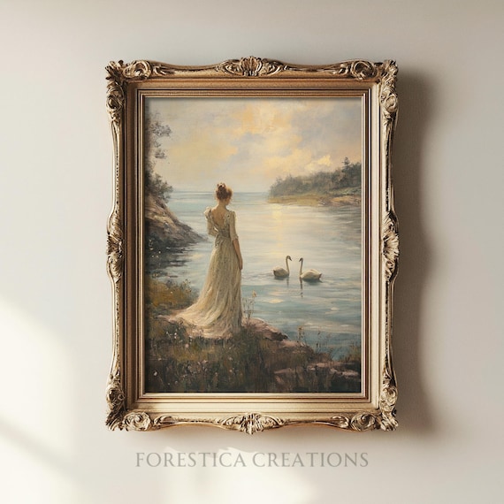 The Lady of the Swans | Cottagecore Print, Moody Victorian Wall Art, Vintage Aesthetic Painting, Light Academia Decor, Romantic Home Decor